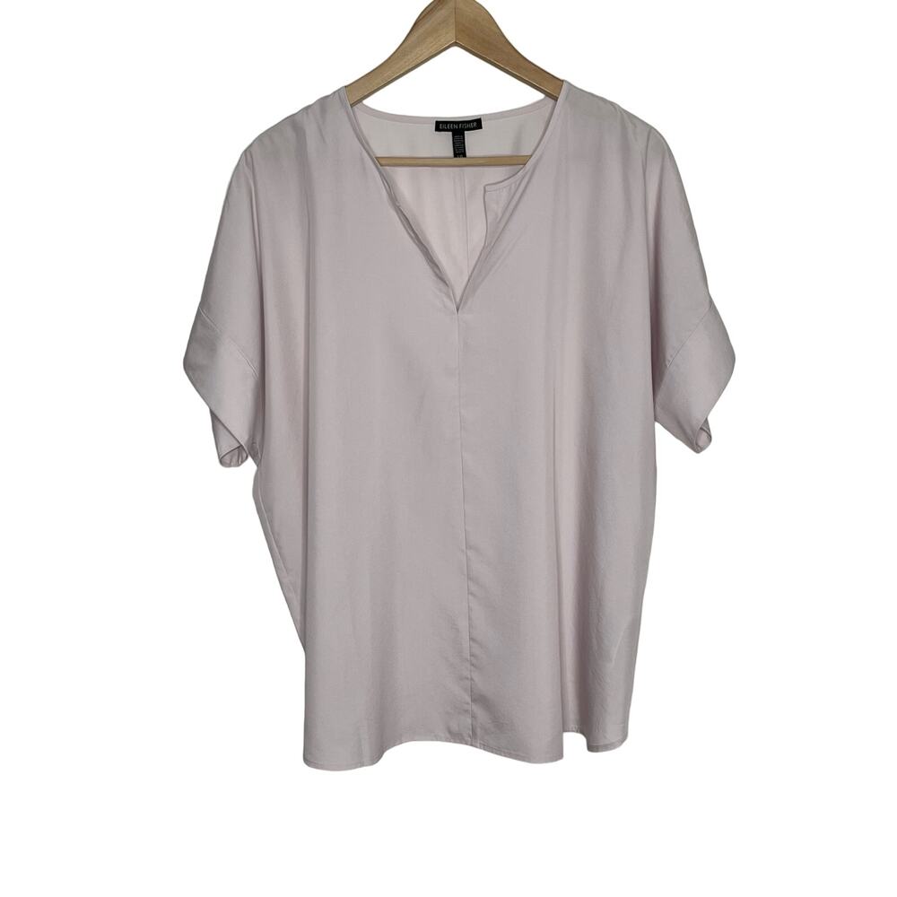 Eileen Fisher Womens Short Sleeve Blouse Large Light Purple Split V Neck Lyocell